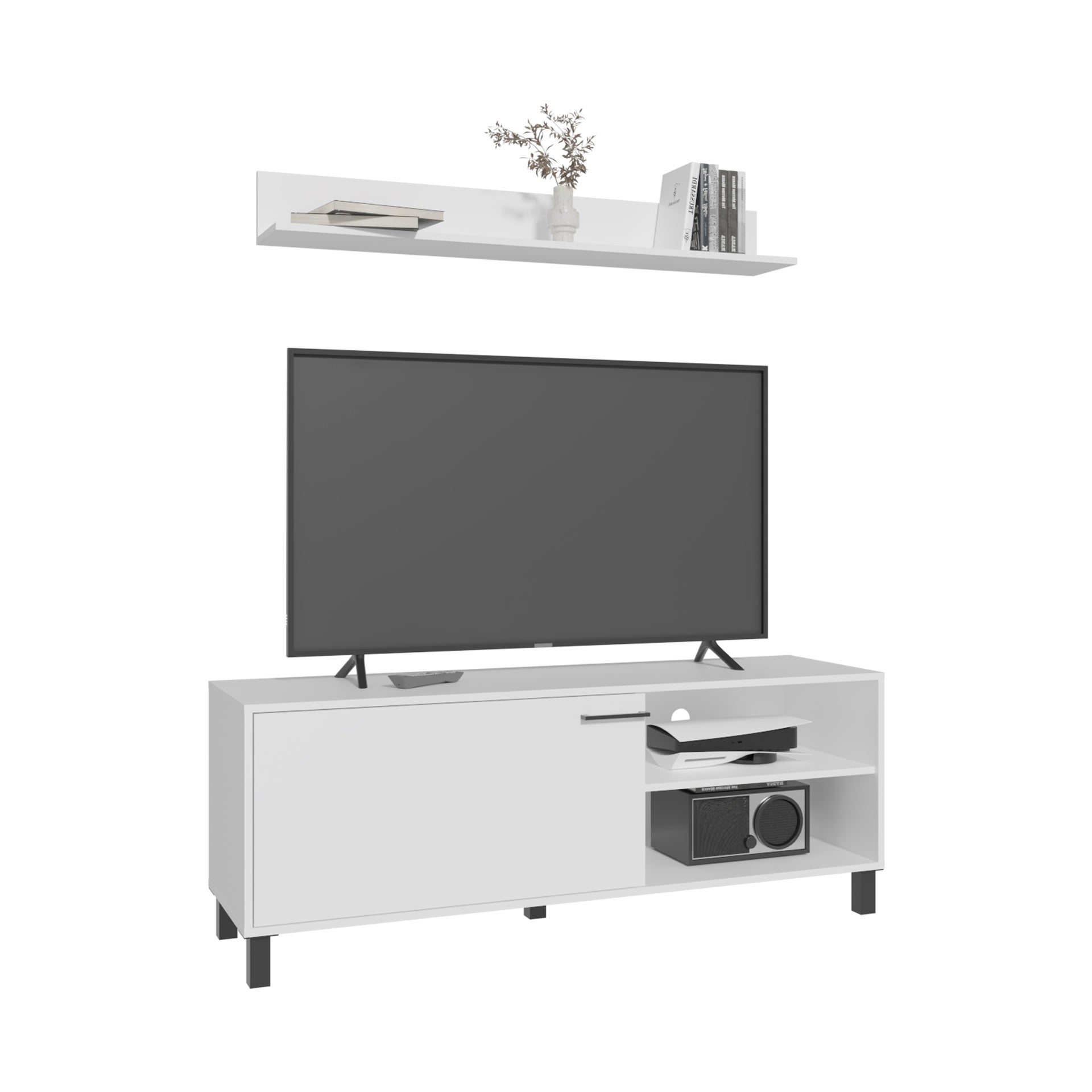 Living Room Set,, Tv Stand + Wall Shelf, 1 Door, 3 Shelves, White