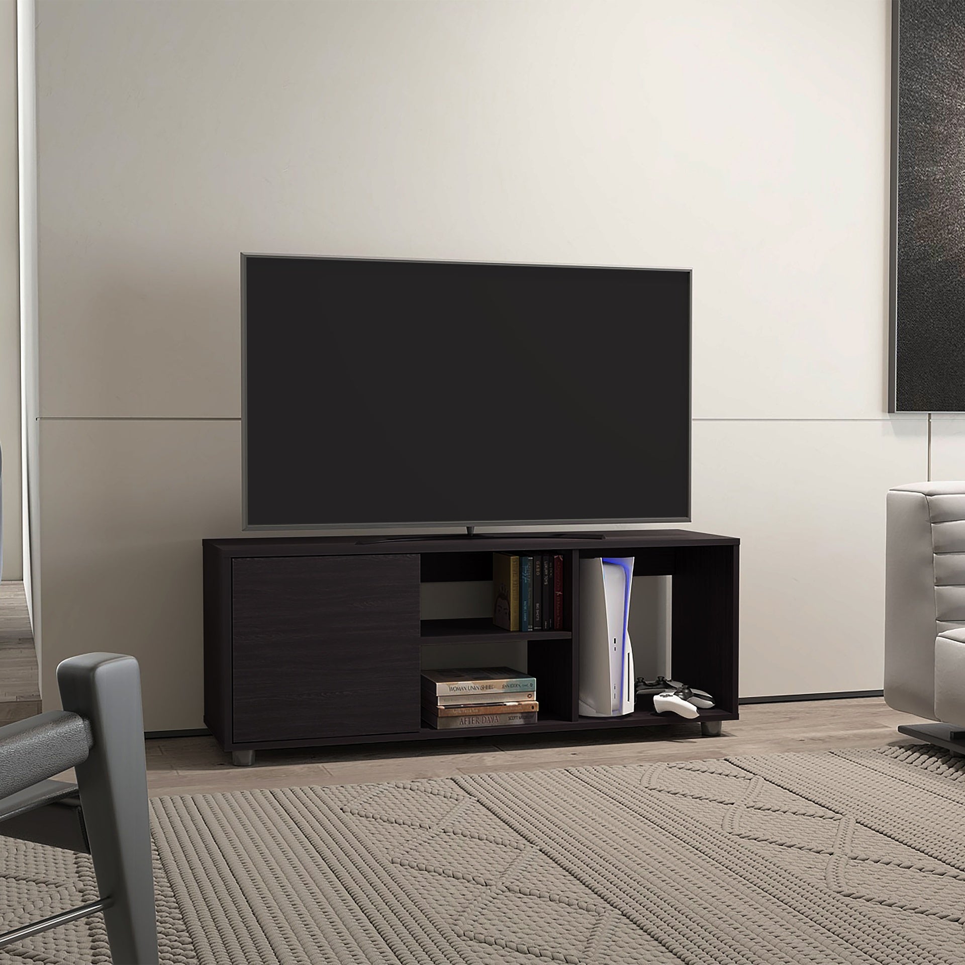 Tv Stand, 1 Door, 4 Shelves, 55" TV Capacity