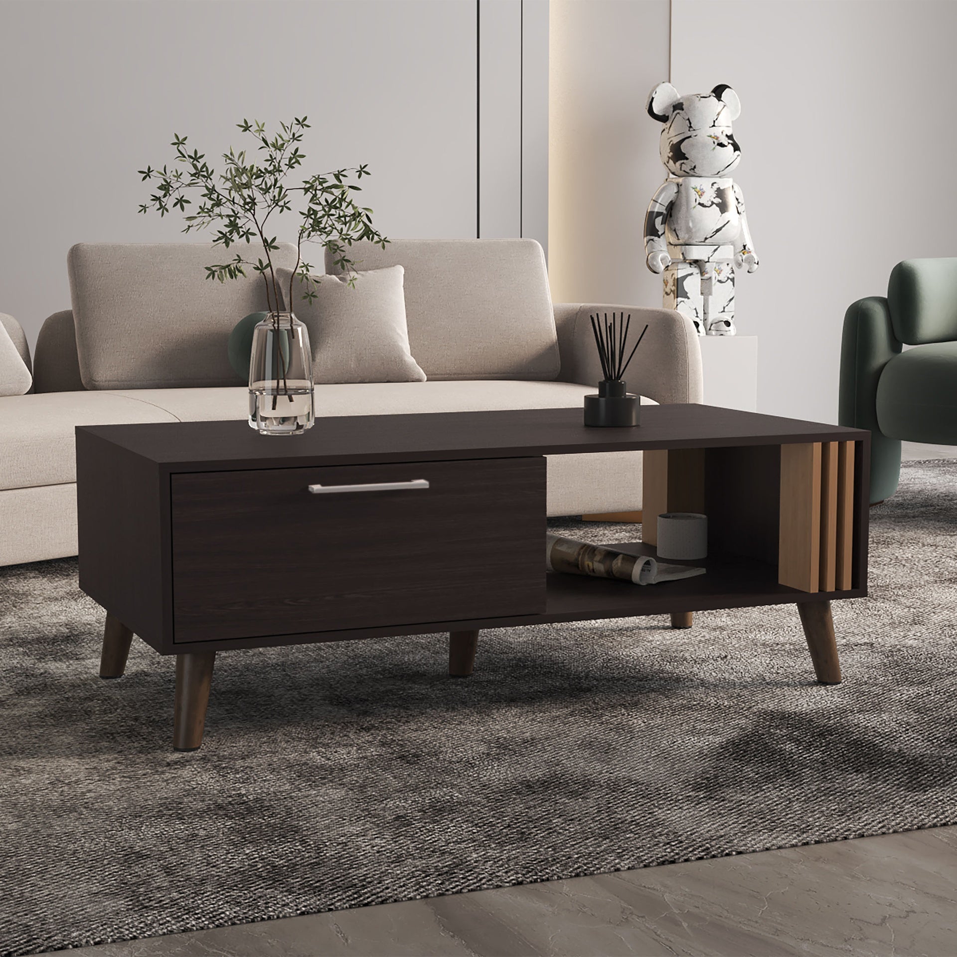 Coffee Table, 1 Door, 1 Shelf, Black / Natural Oak