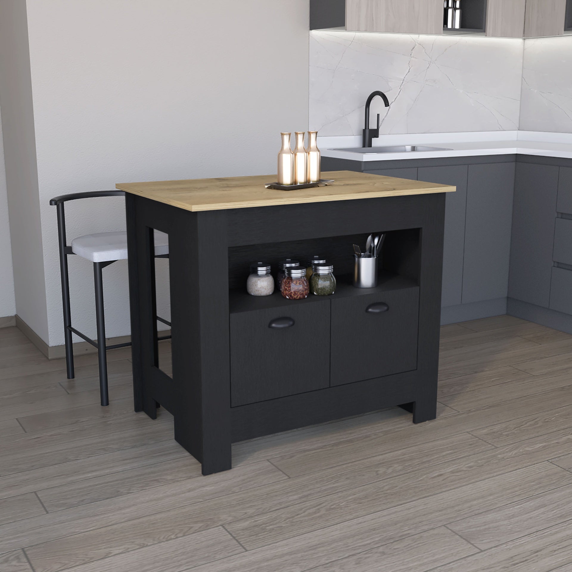 Floyd Kitchen Island 35" H, whit  2 doors, 3 shelves, Black/Macadamia