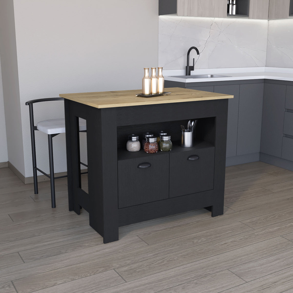 Floyd Kitchen Island 35" H, whit  2 doors, 3 shelves, Black/Macadamia