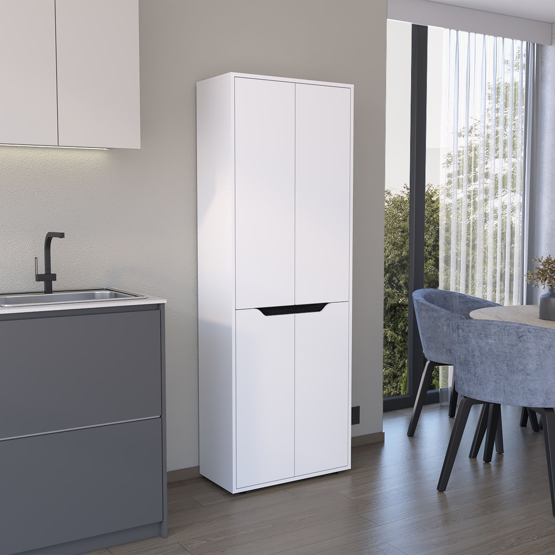 67"H Kitchen Storage Cabinet, with Four Doors and Five Interior Shelves,White/Black
