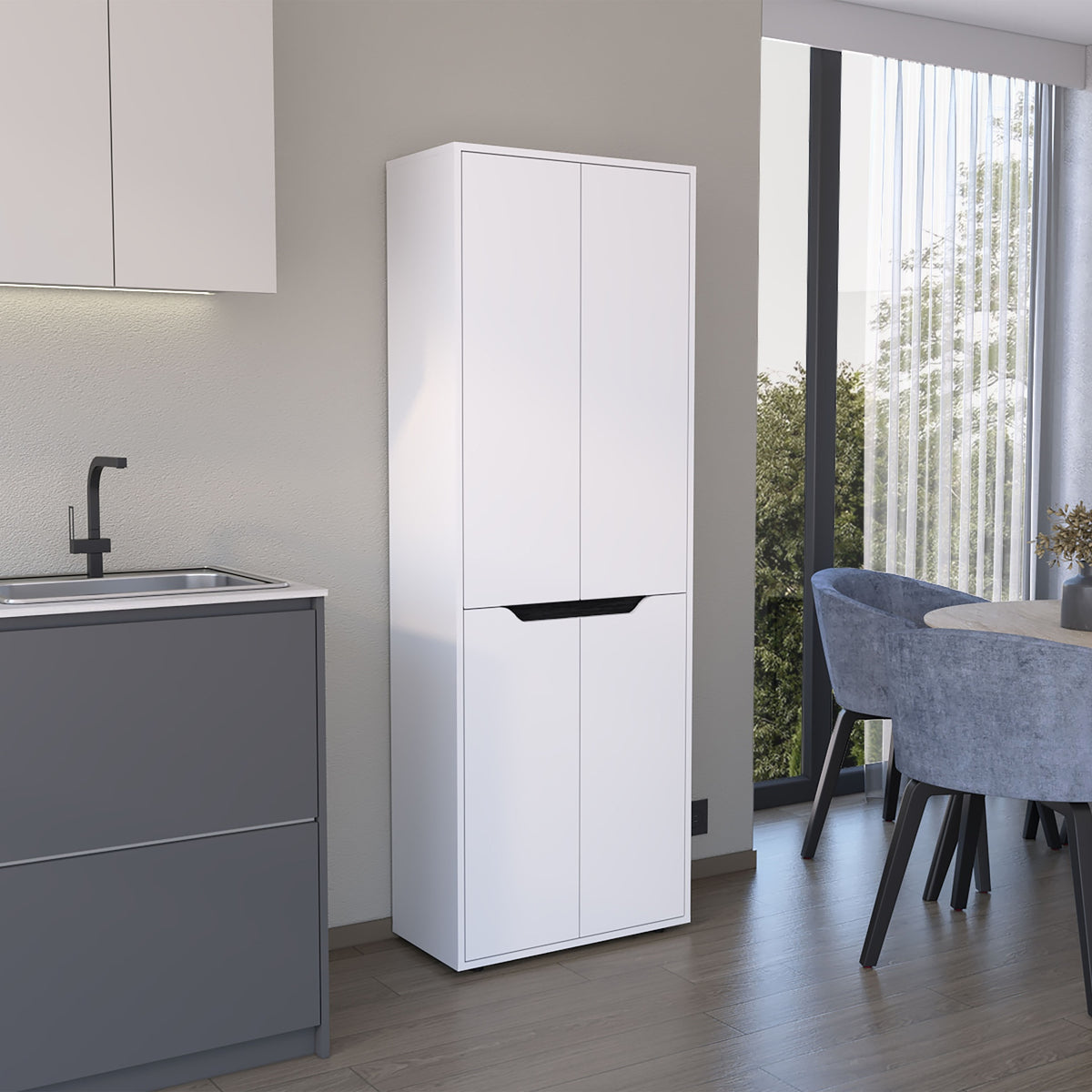 67"H Kitchen Storage Cabinet, with Four Doors and Five Interior Shelves,White/Black