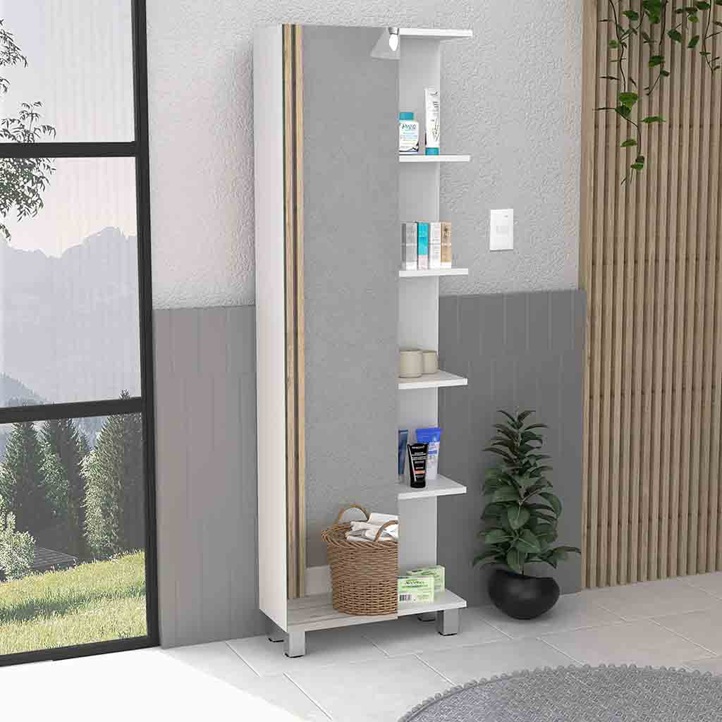 Linen Single Door Cabinet 62" H, Five External Shelves, Four Interior Shelves, White