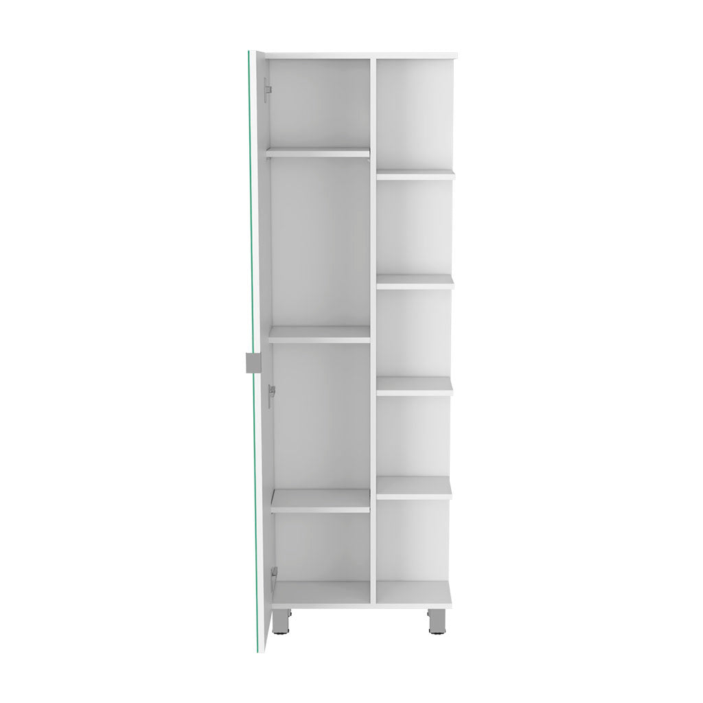 Linen Single Door Cabinet 62" H, Five External Shelves, Four Interior Shelves, White