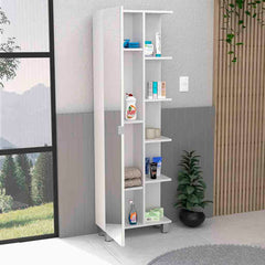 Linen Single Door Cabinet 62" H, Five External Shelves, Four Interior Shelves, White