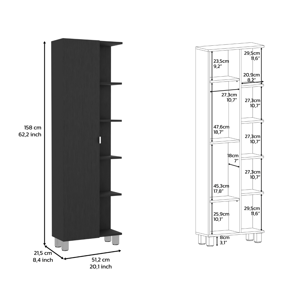 Linen Single Door Cabinet 62" H, Five External Shelves, Four Interior Shelves, Black