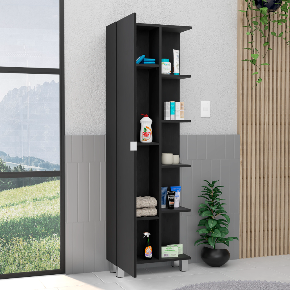 Linen Single Door Cabinet 62" H, Five External Shelves, Four Interior Shelves, Black