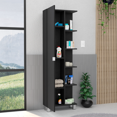 Linen Single Door Cabinet 62" H, Five External Shelves, Four Interior Shelves, Black