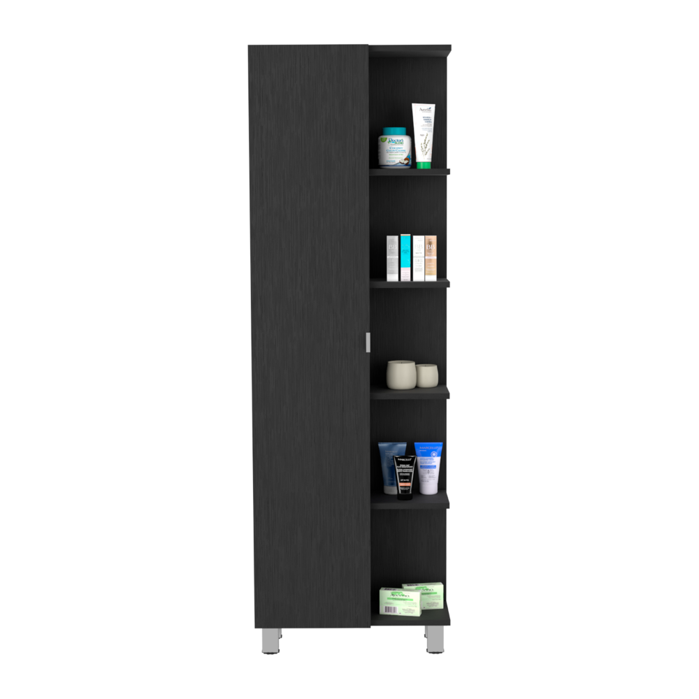 Linen Single Door Cabinet 62" H, Five External Shelves, Four Interior Shelves, Black