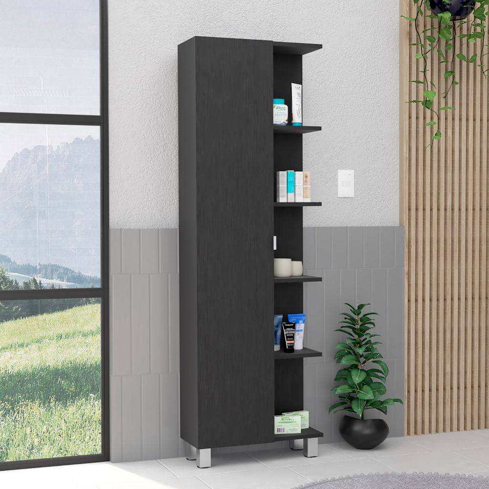 Linen Single Door Cabinet 62" H, Five External Shelves, Four Interior Shelves, Black