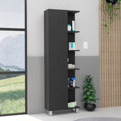Linen Single Door Cabinet 62" H, Five External Shelves, Four Interior Shelves, Black