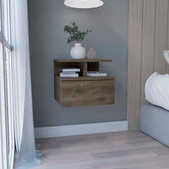 Floating Nightstand 12"H, Wall Mounted with Single Drawer and 2-Tier Shelf, Dark Walnut