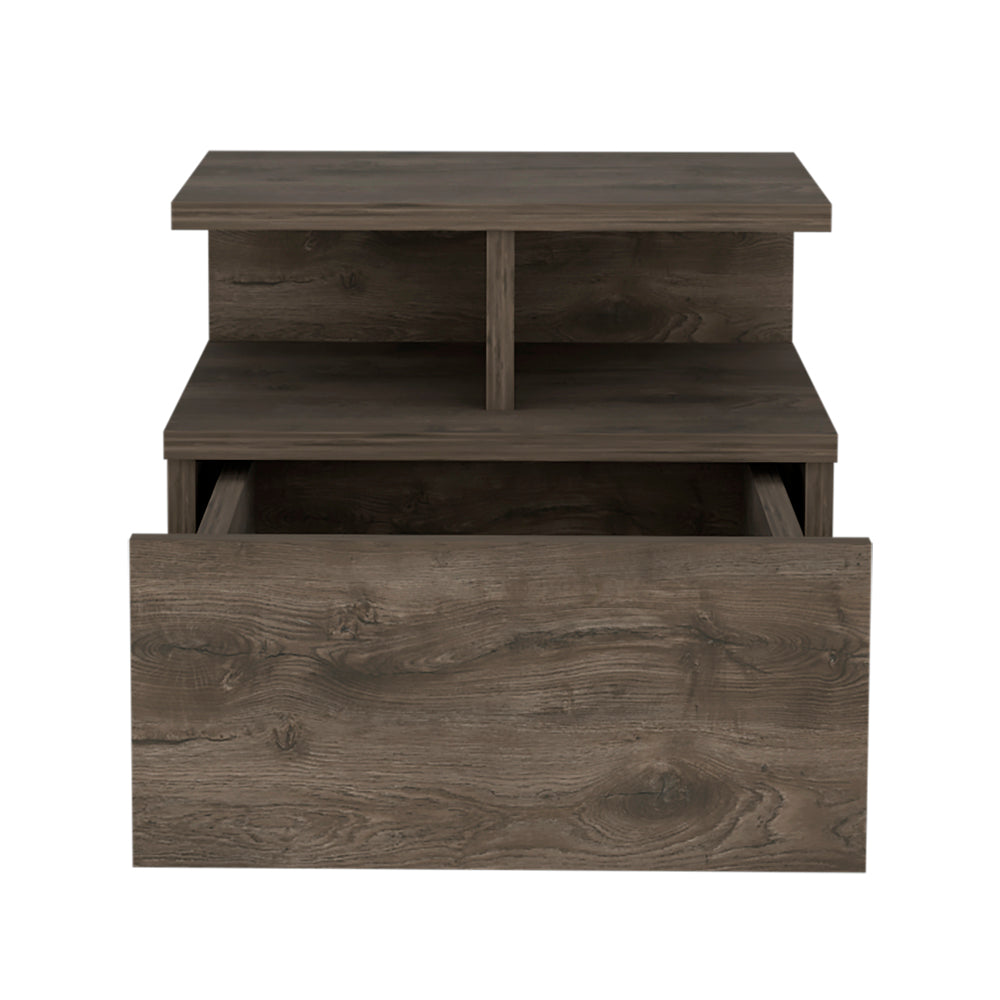 Floating Nightstand 12"H, Wall Mounted with Single Drawer and 2-Tier Shelf, Dark Walnut
