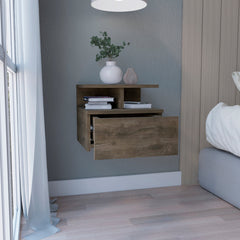 Floating Nightstand 12"H, Wall Mounted with Single Drawer and 2-Tier Shelf, Dark Walnut