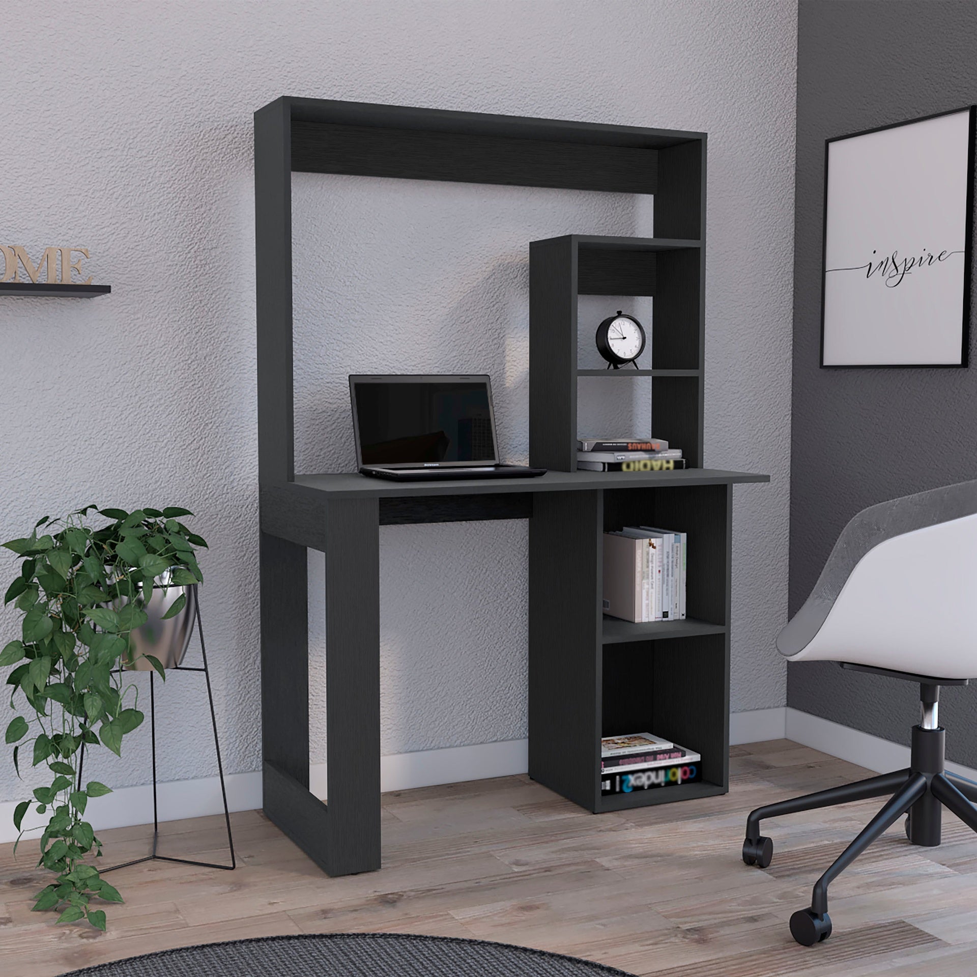 Writing Computer Desk with Storage Shelves and Hutch, Black