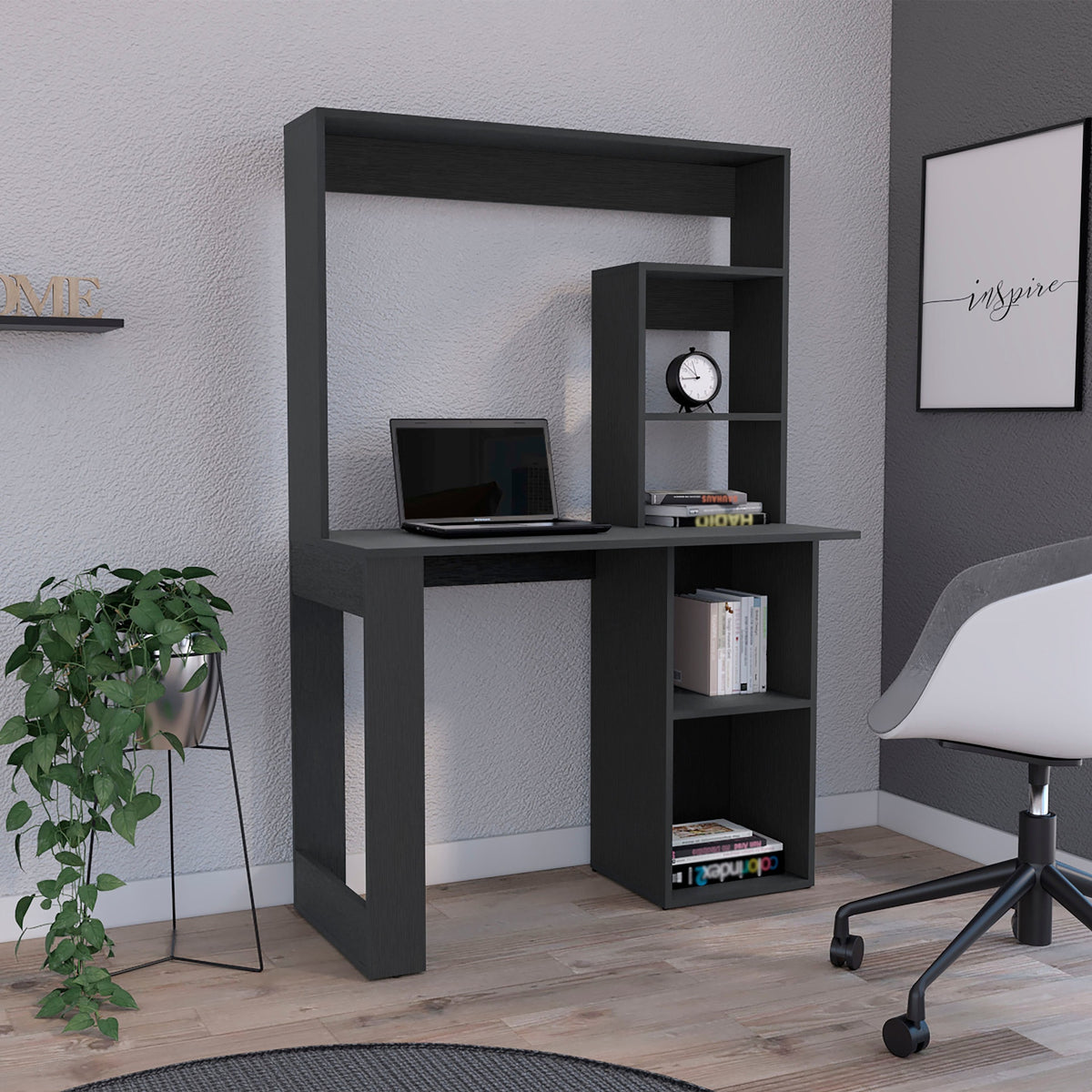 Writing Computer Desk with Storage Shelves and Hutch, Black