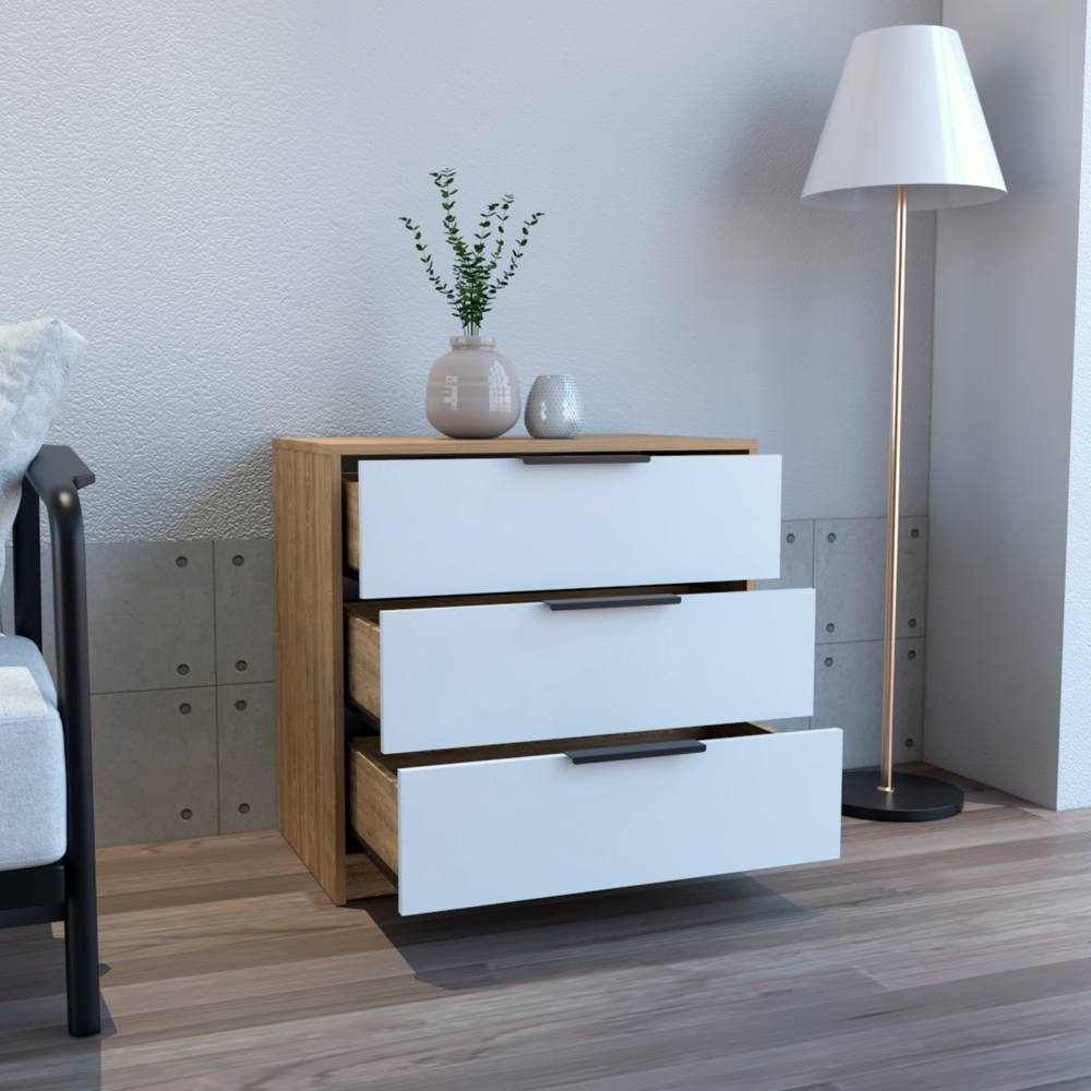 Dresser 27 inchH, 3 Drawers Dresser, Superior Top, White / Light Oak