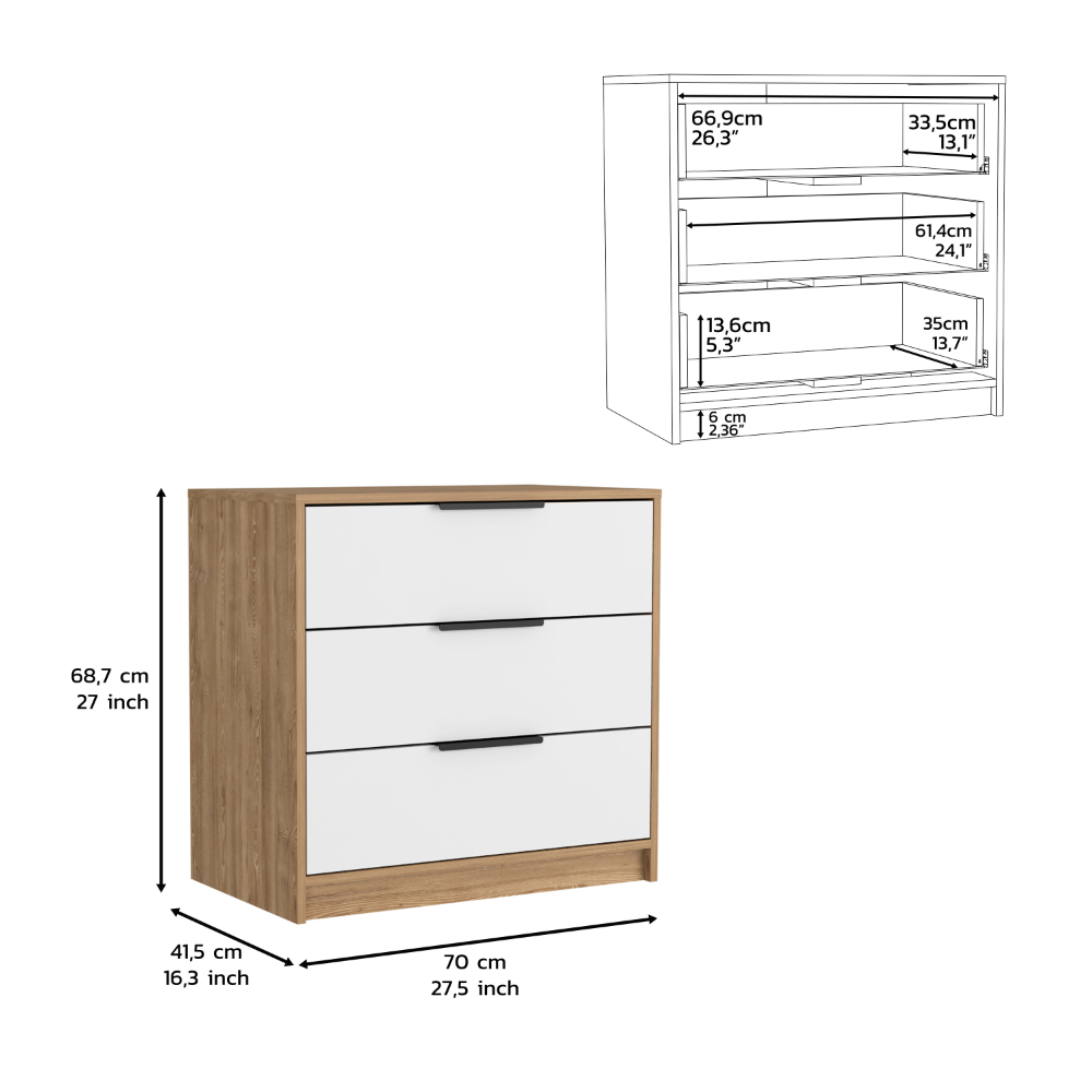 Dresser 27 inchH, 3 Drawers Dresser, Superior Top, White / Light Oak