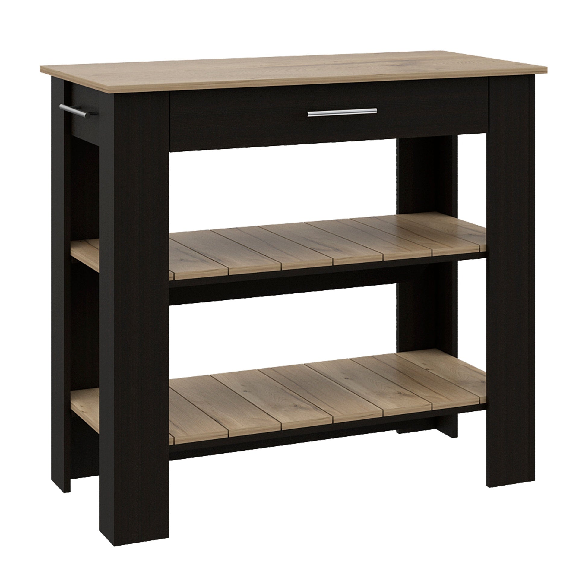Kitchen Island 37" H, Two Open Storage Shelves, One Drawer, Four Legs,Towel Hanger, Black / Light Oak