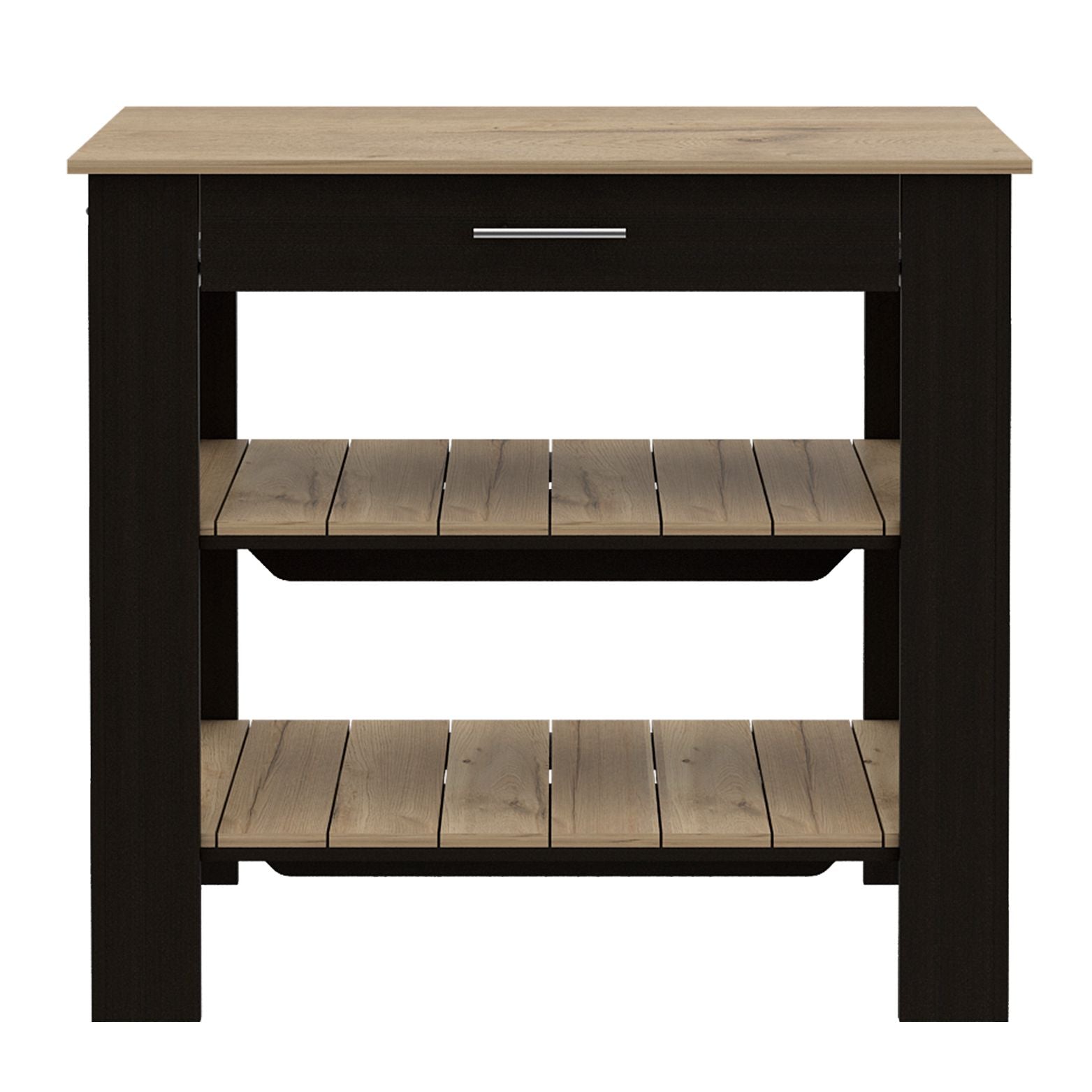 Kitchen Island 37" H, Two Open Storage Shelves, One Drawer, Four Legs,Towel Hanger, Black / Light Oak