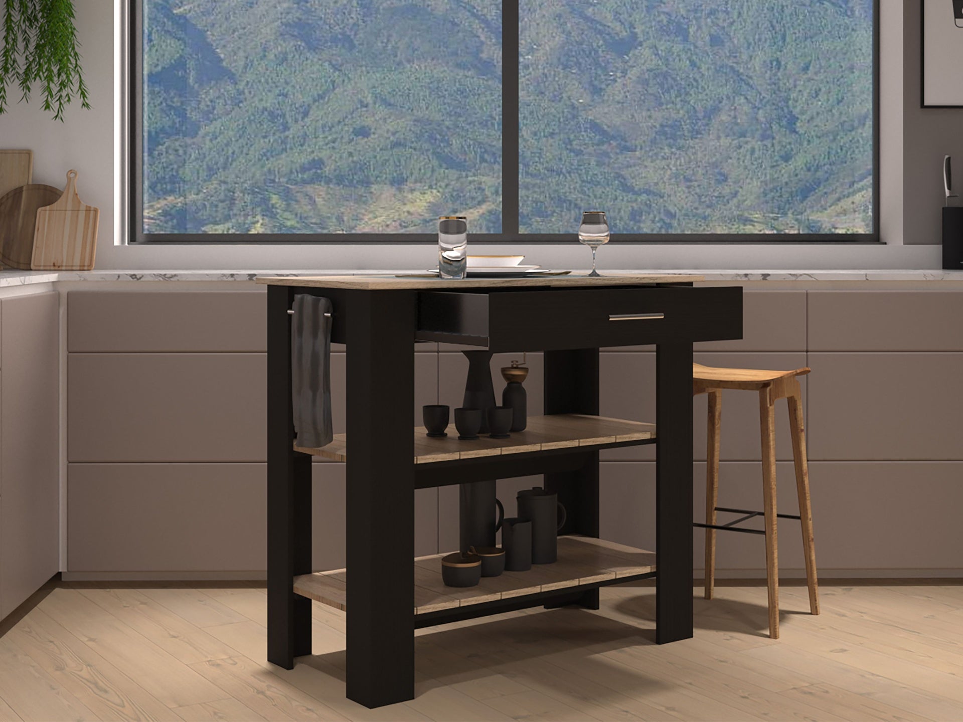 Kitchen Island 37" H, Two Open Storage Shelves, One Drawer, Four Legs,Towel Hanger, Black / Light Oak