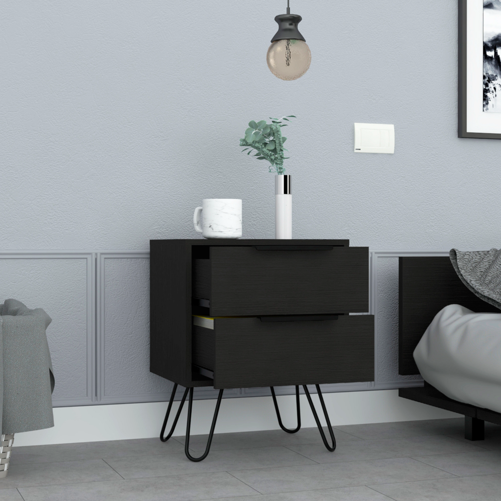 2 Nightstand, Hairpin Legs, Two Drawers, Black