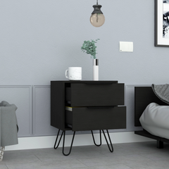 2 Nightstand, Hairpin Legs, Two Drawers, Black
