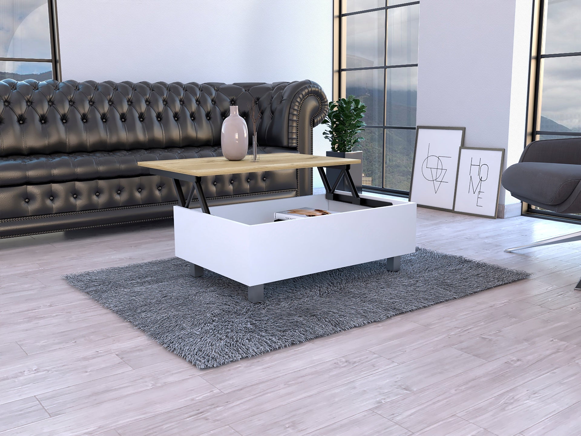 Aran Lift Top Coffee Table, Storage Compartment, White / Light Oak
