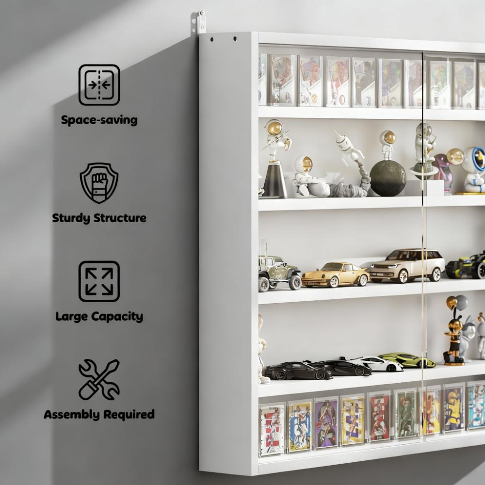 Wall-Mounted Display Case,5-Tier Display Cabinet with 2 Glass Doors and Adjustable Shelves