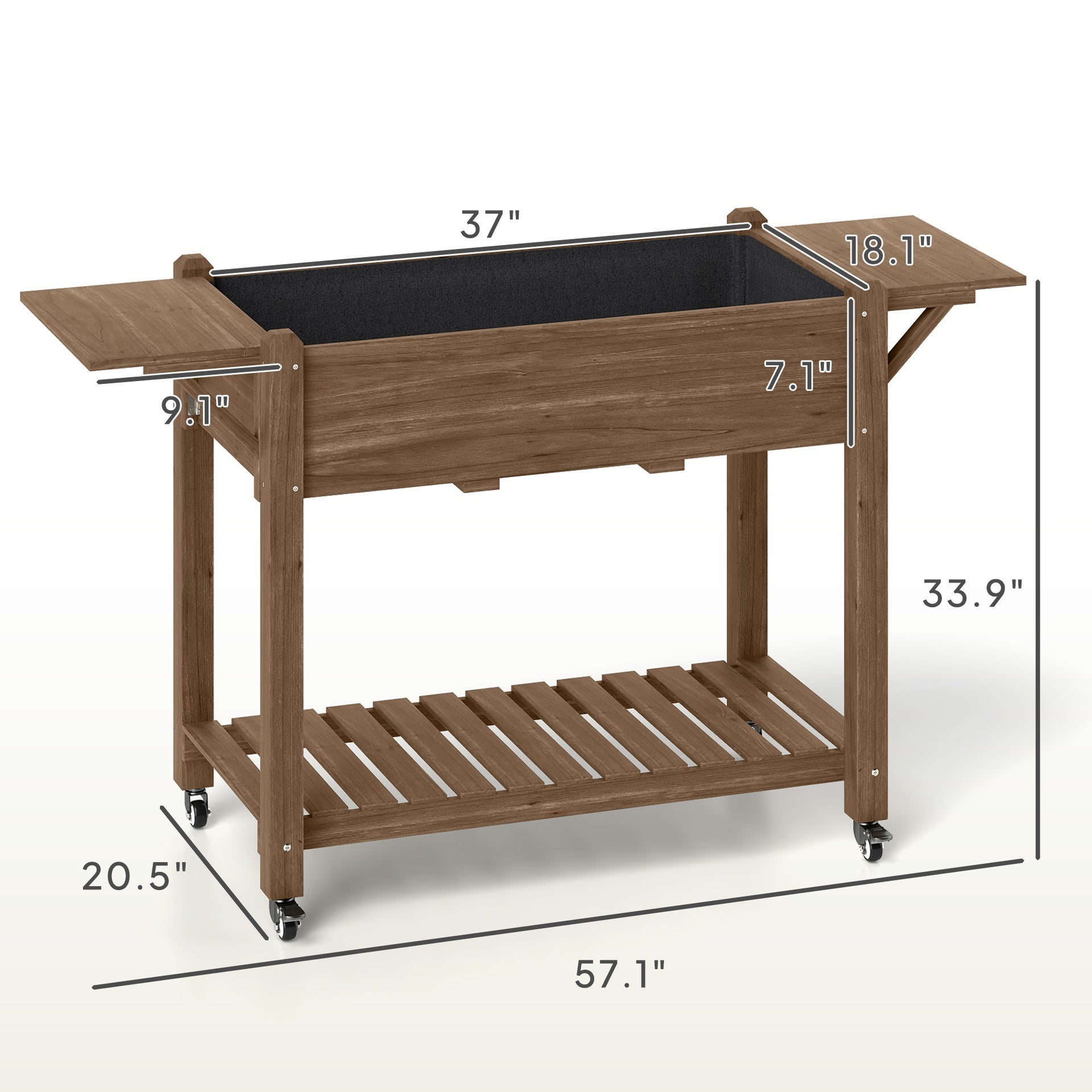 Convenient Elevated Garden Bed,Wood Raised Planter Box,with Lockable Wheels,Side Tables,Bottom Shelf,Drain Holes