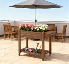 Convenient Elevated Garden Bed,Wood Raised Planter Box,with Lockable Wheels,Side Tables,Bottom Shelf,Drain Holes