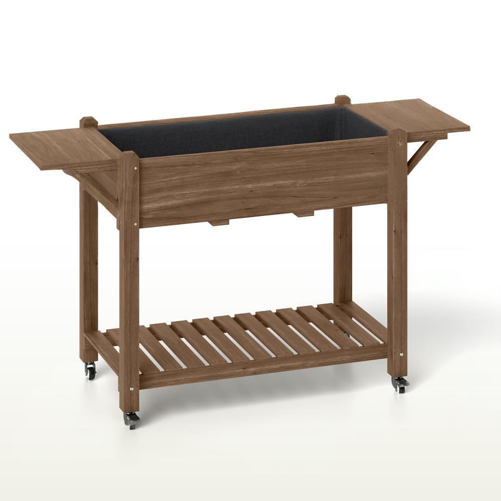 Convenient Elevated Garden Bed,Wood Raised Planter Box,with Lockable Wheels,Side Tables,Bottom Shelf,Drain Holes
