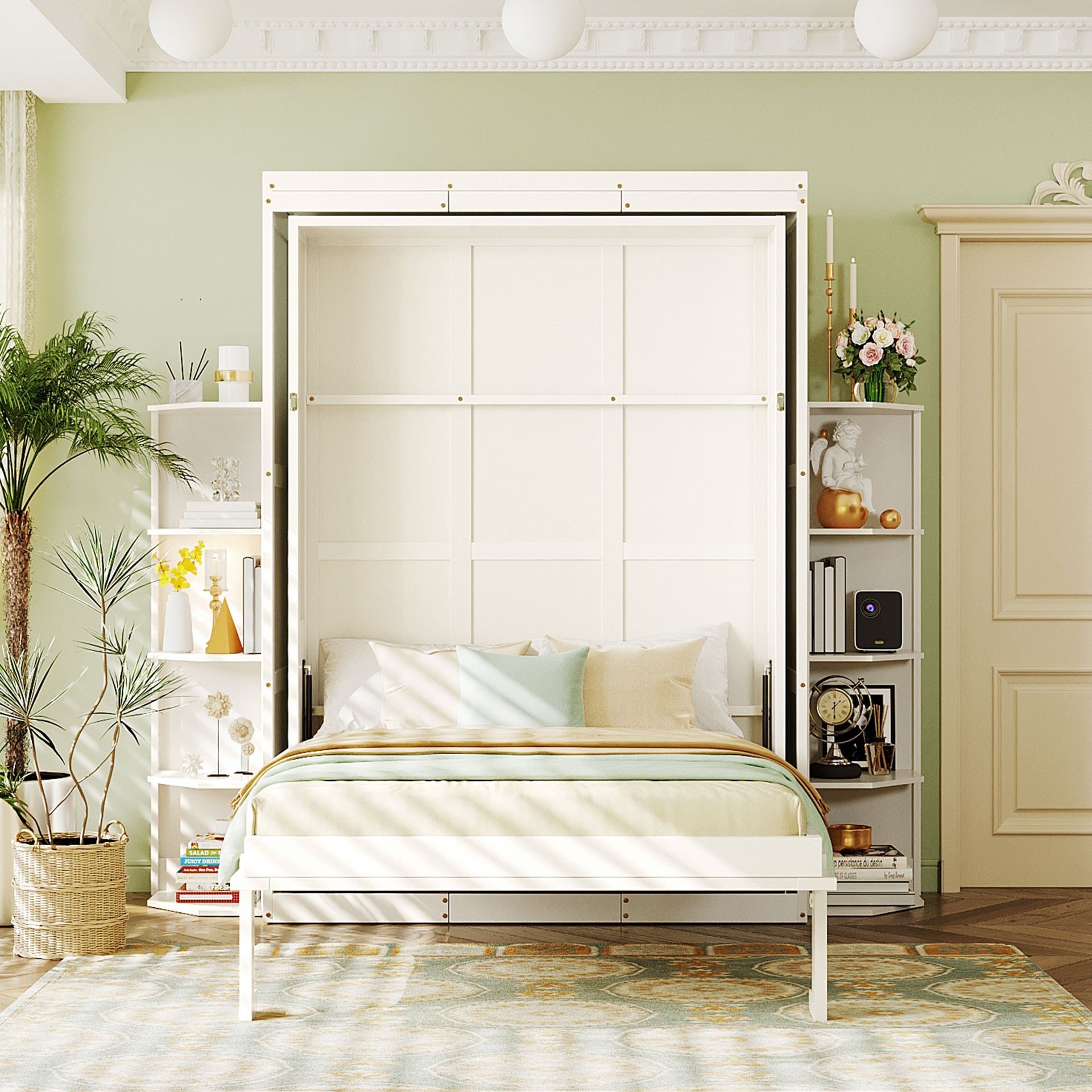 Rotating Queen Murphy Bed with Hidden Wall Cabinet, Dual 3-Tier Side Shelves, Convertible Desk, Extra Storage Racks, Space-Saving Multifunctional Wall Bed for Home Office & Small Rooms, White