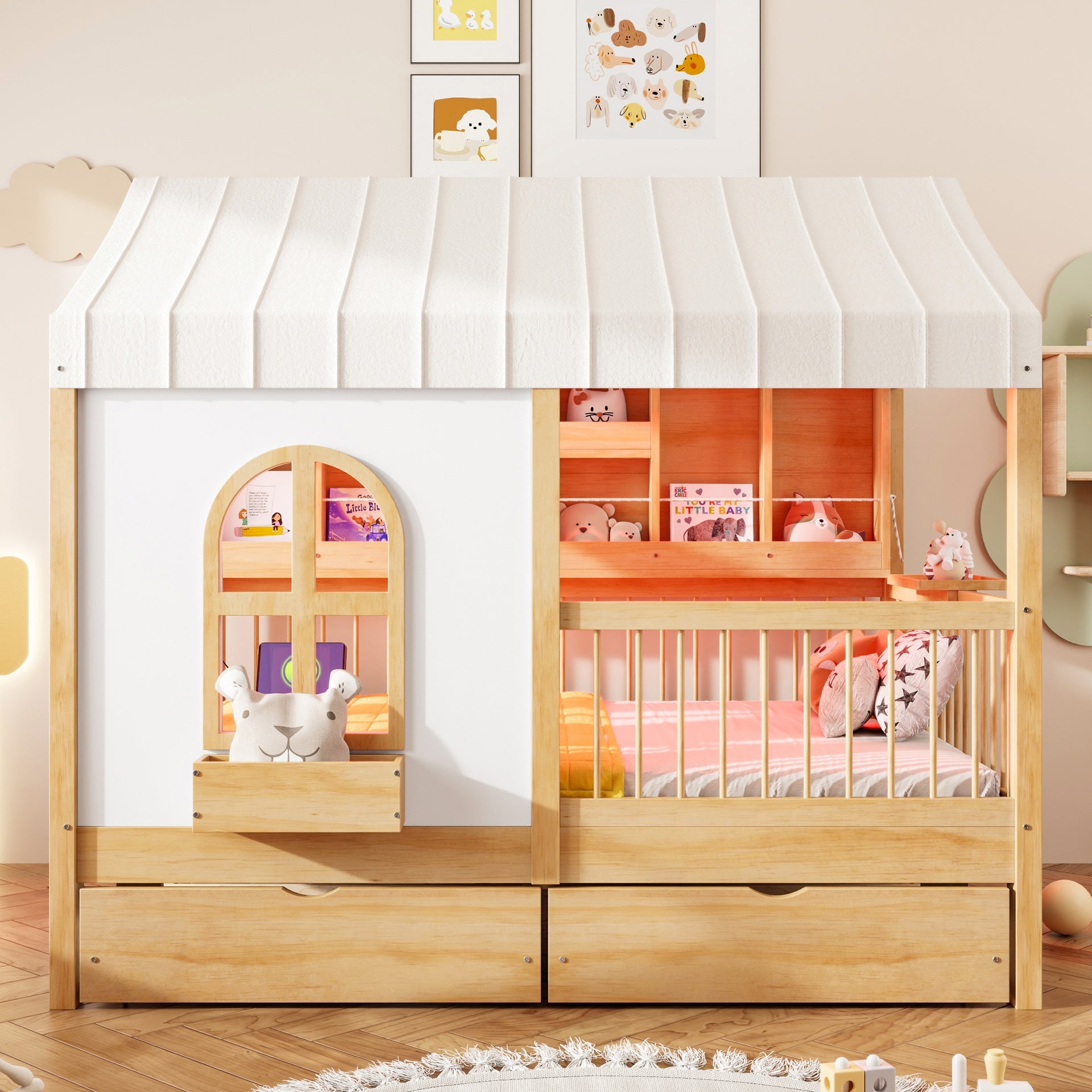 Full Size House Bed with 2 Large Drawers, Side Bookshelf with LED Strip, Natural