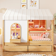 Full Size House Bed with 2 Large Drawers, Side Bookshelf with LED Strip, Natural
