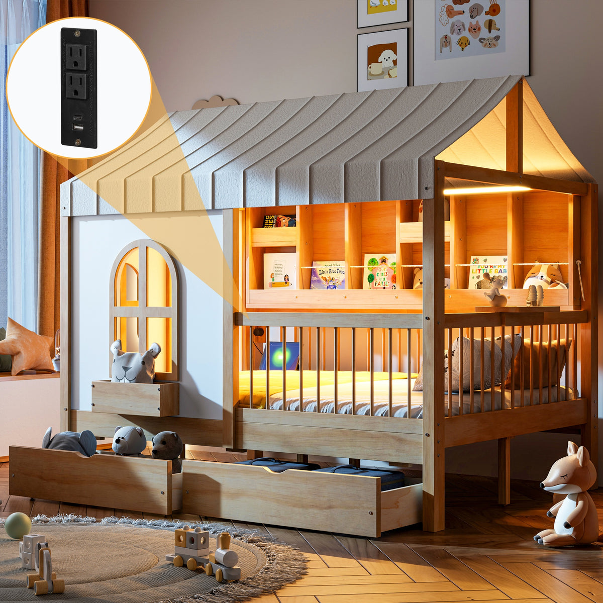 Full Size House Bed with 2 Large Drawers, Side Bookshelf with LED Strip, Natural
