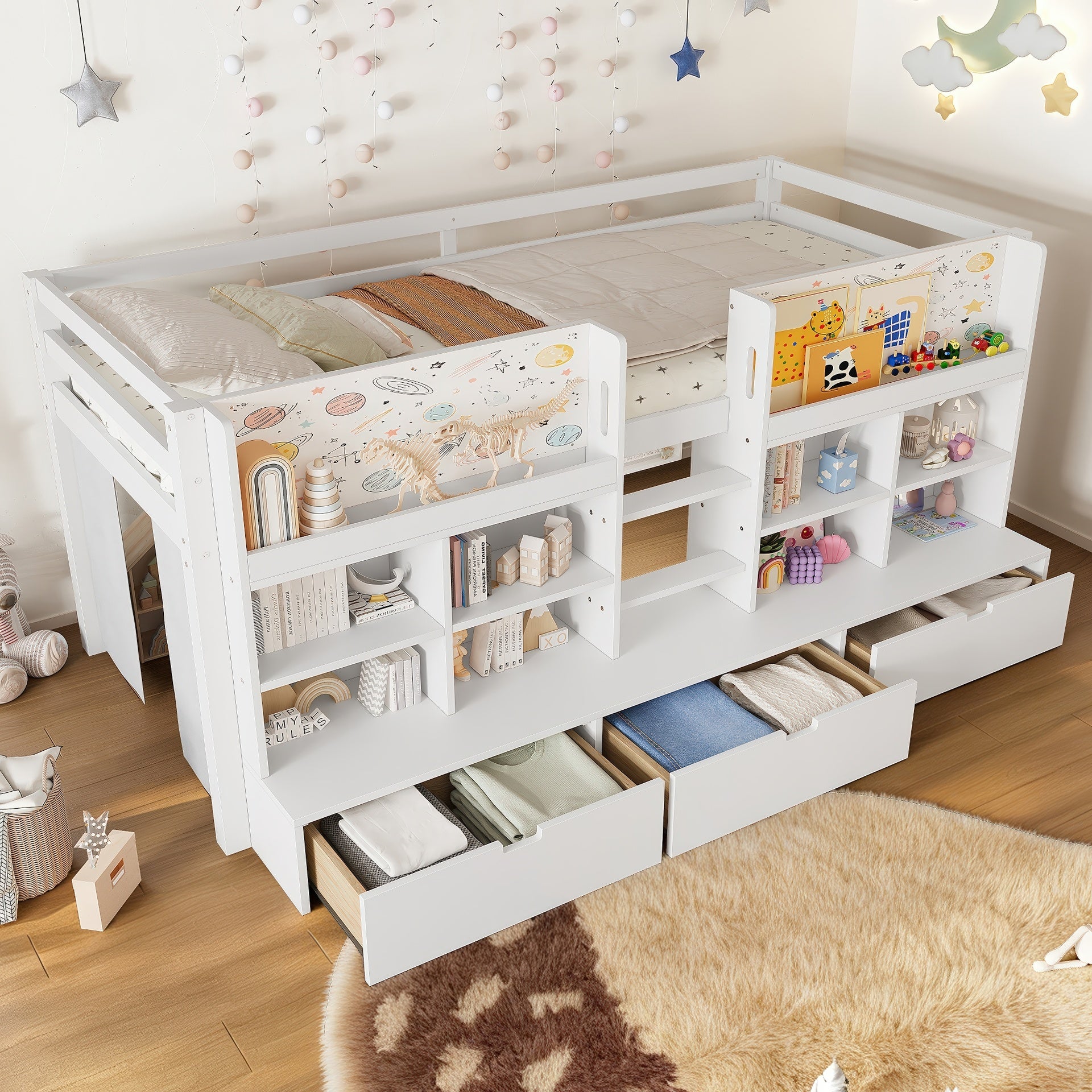 Twin XL Size Loft Bed with Multi-storage Shelves and Storage, Low Loft Bed with Curtain under the Bed and Chalkboard, No Box Spring Needed, White