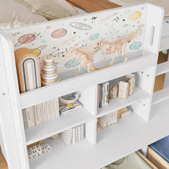 Twin XL Size Loft Bed with Multi-storage Shelves and Storage, Low Loft Bed with Curtain under the Bed and Chalkboard, No Box Spring Needed, White