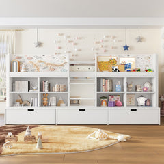 Twin XL Size Loft Bed with Multi-storage Shelves and Storage, Low Loft Bed with Curtain under the Bed and Chalkboard, No Box Spring Needed, White