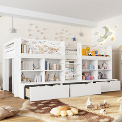 Twin XL Size Loft Bed with Multi-storage Shelves and Storage, Low Loft Bed with Curtain under the Bed and Chalkboard, No Box Spring Needed, White