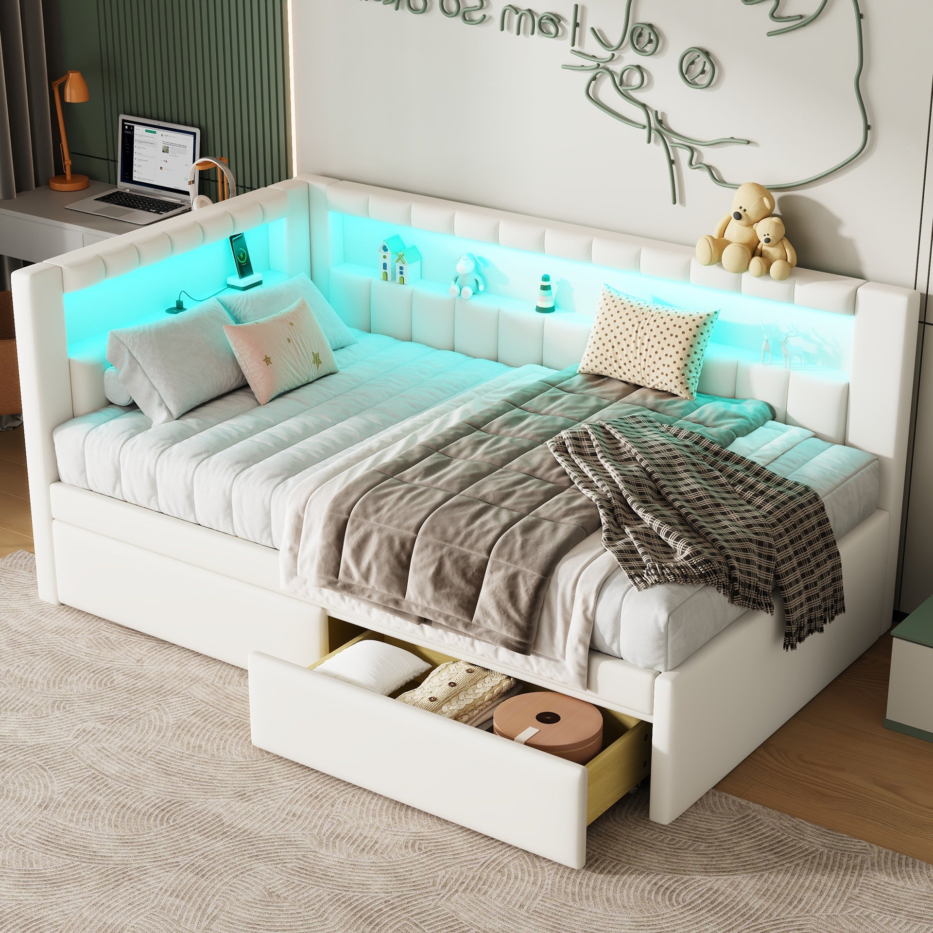 Upholstered Twin Size Platform Bed with USB Ports and LED Belt, With 2 Drawers, White