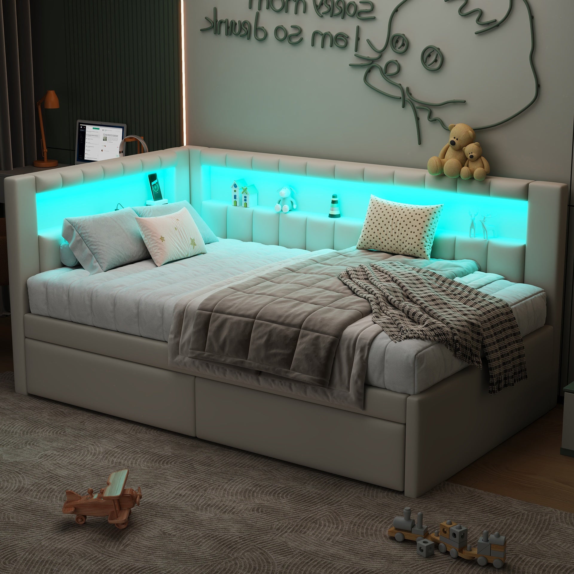 Upholstered Twin Size Platform Bed with USB Ports and LED Belt, With 2 Drawers, White