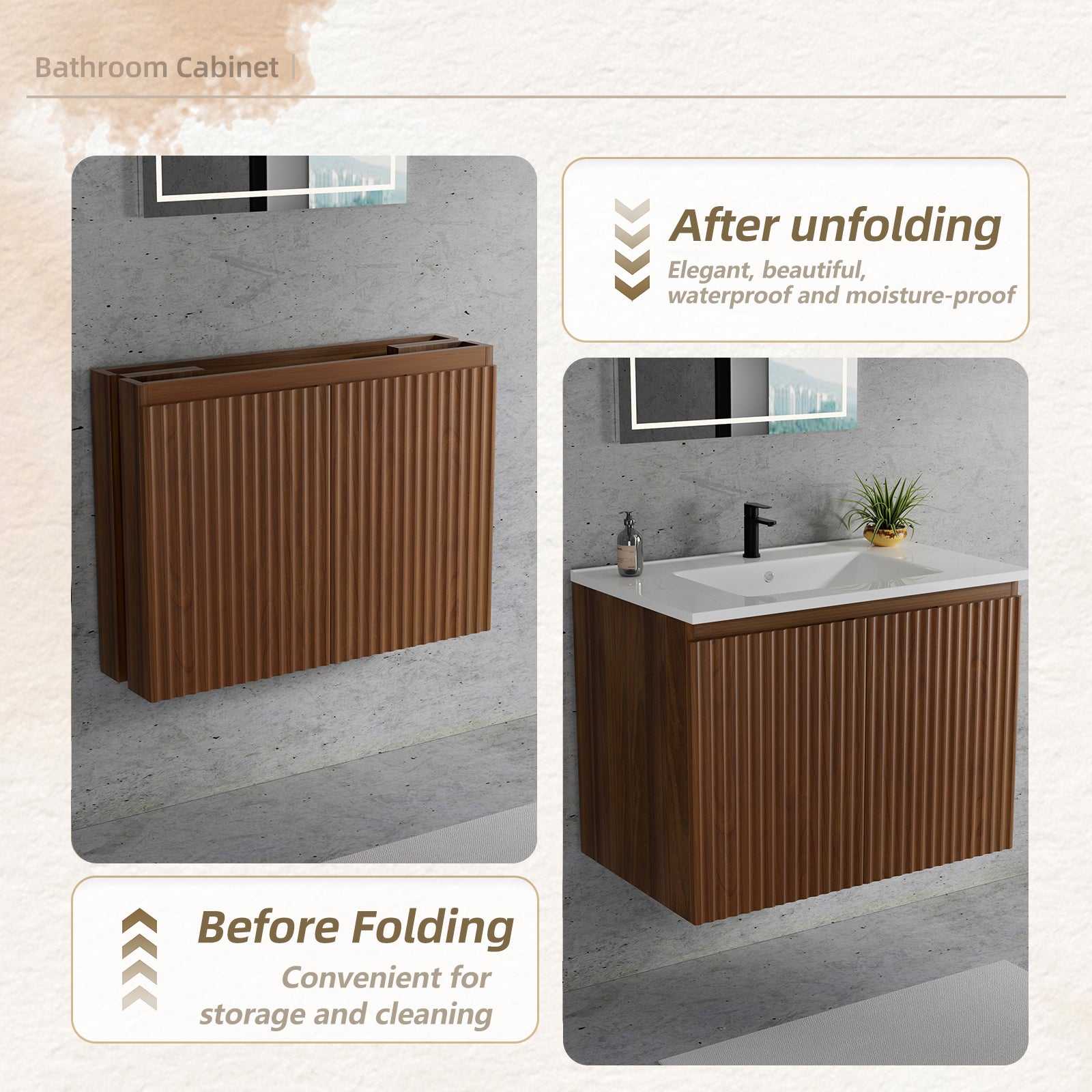 30inch Walnut Folding Wall Cabinet With Creamic Sink– Patented 1-Minute Install, Space-Saving & Easy Assemble,Modern style