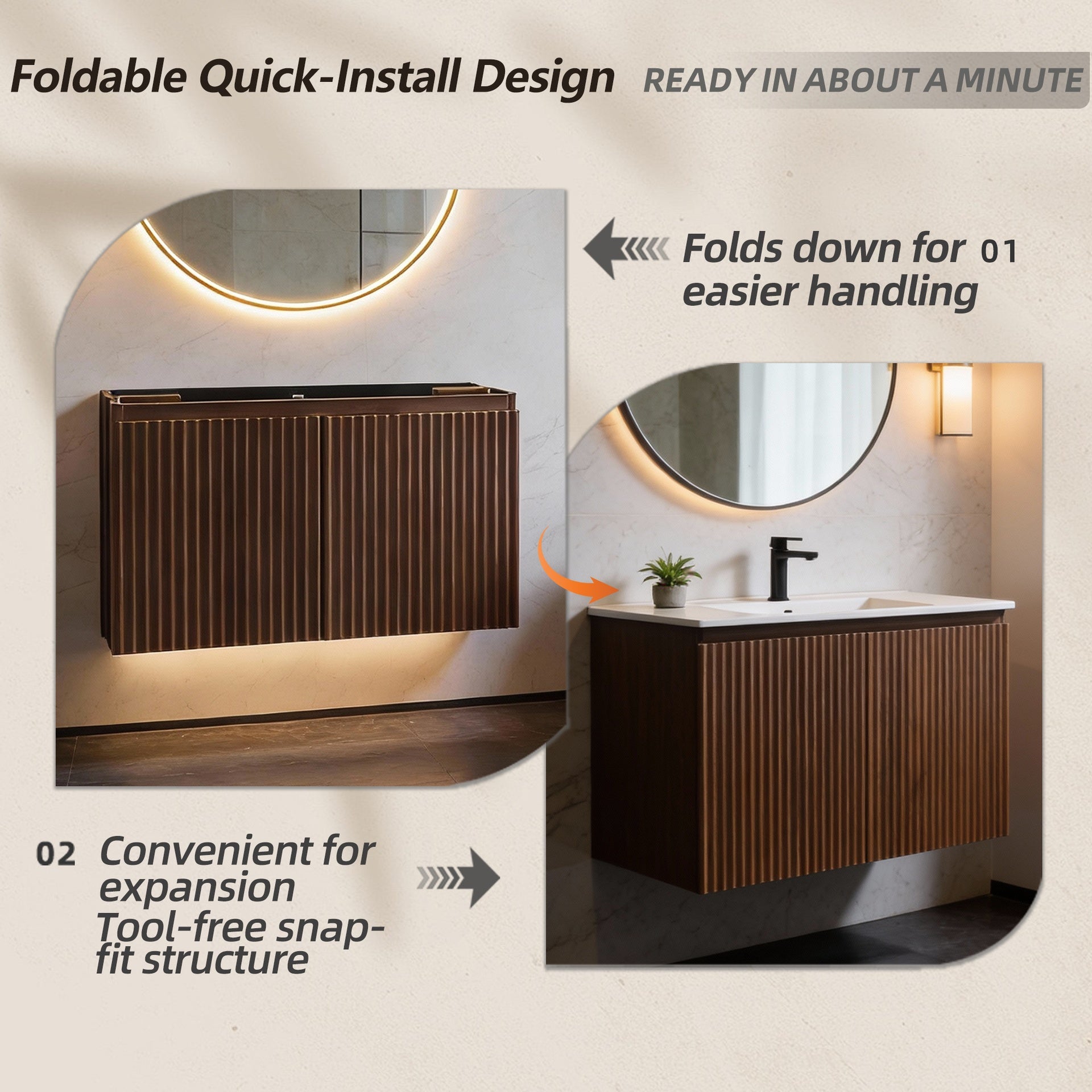 30inch Walnut Folding Wall Cabinet With Creamic Sink– Patented 1-Minute Install, Space-Saving & Easy Assemble,Modern style
