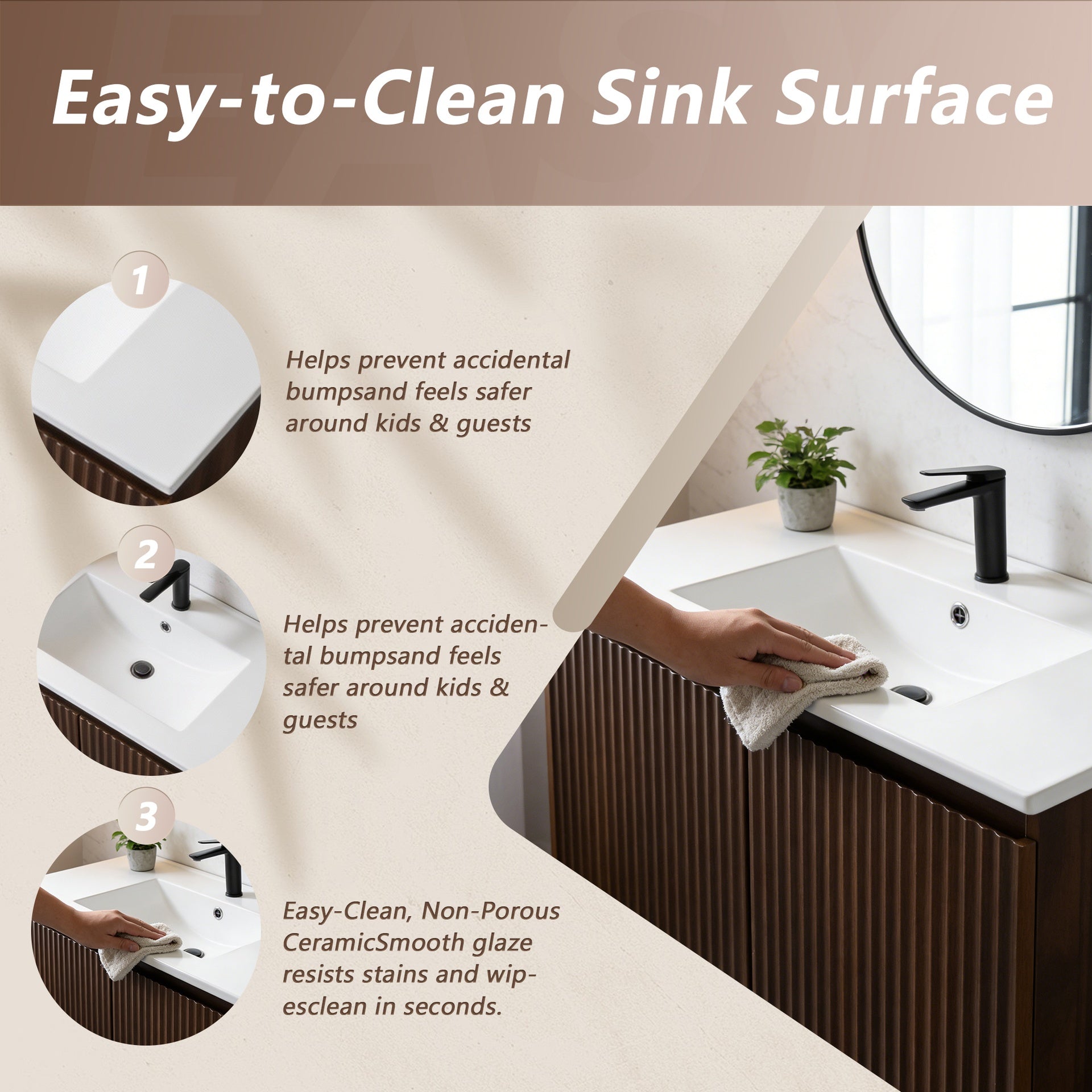 30inch Walnut Folding Wall Cabinet With Creamic Sink– Patented 1-Minute Install, Space-Saving & Easy Assemble,Modern style