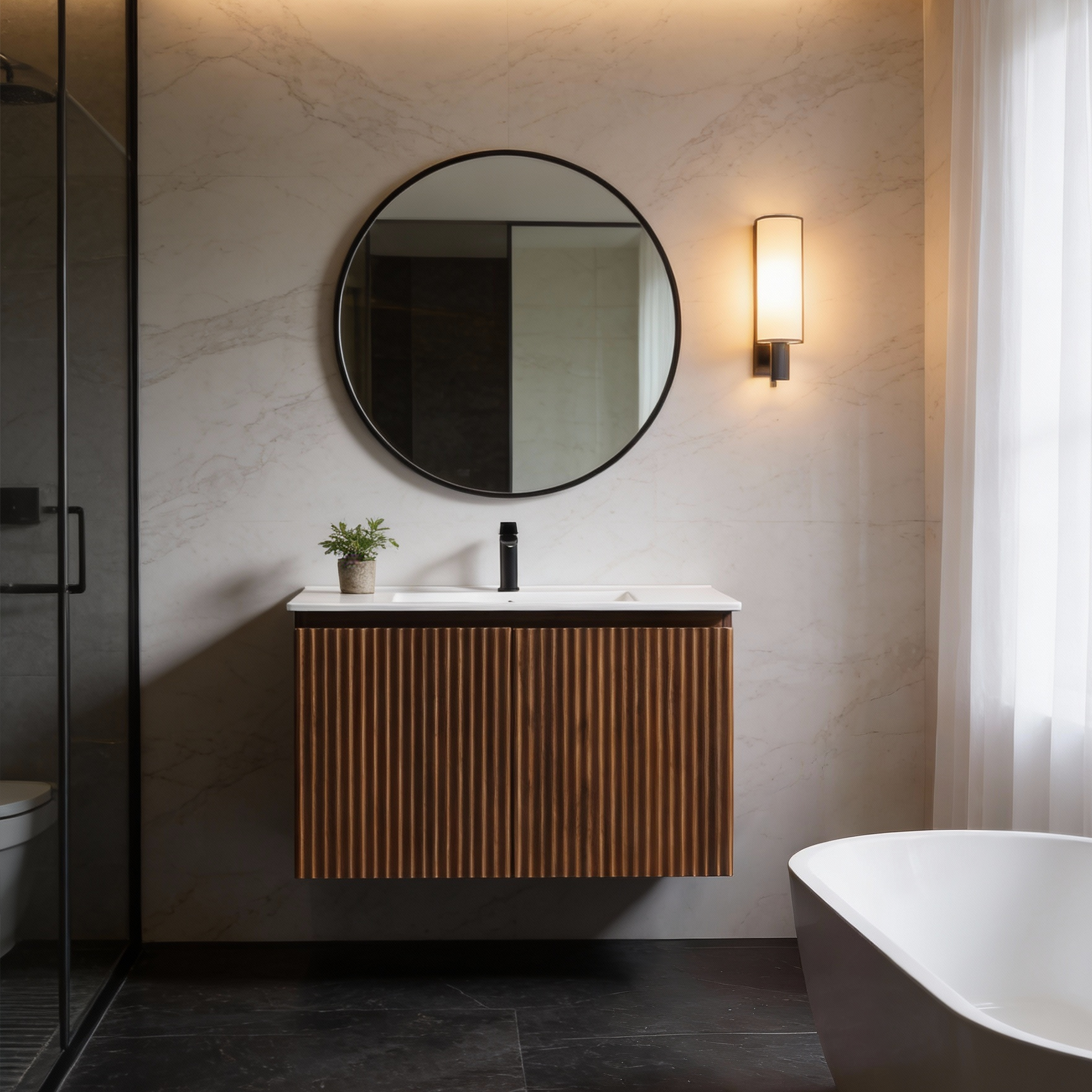 30inch Walnut Folding Wall Cabinet With Creamic Sink– Patented 1-Minute Install, Space-Saving & Easy Assemble,Modern style