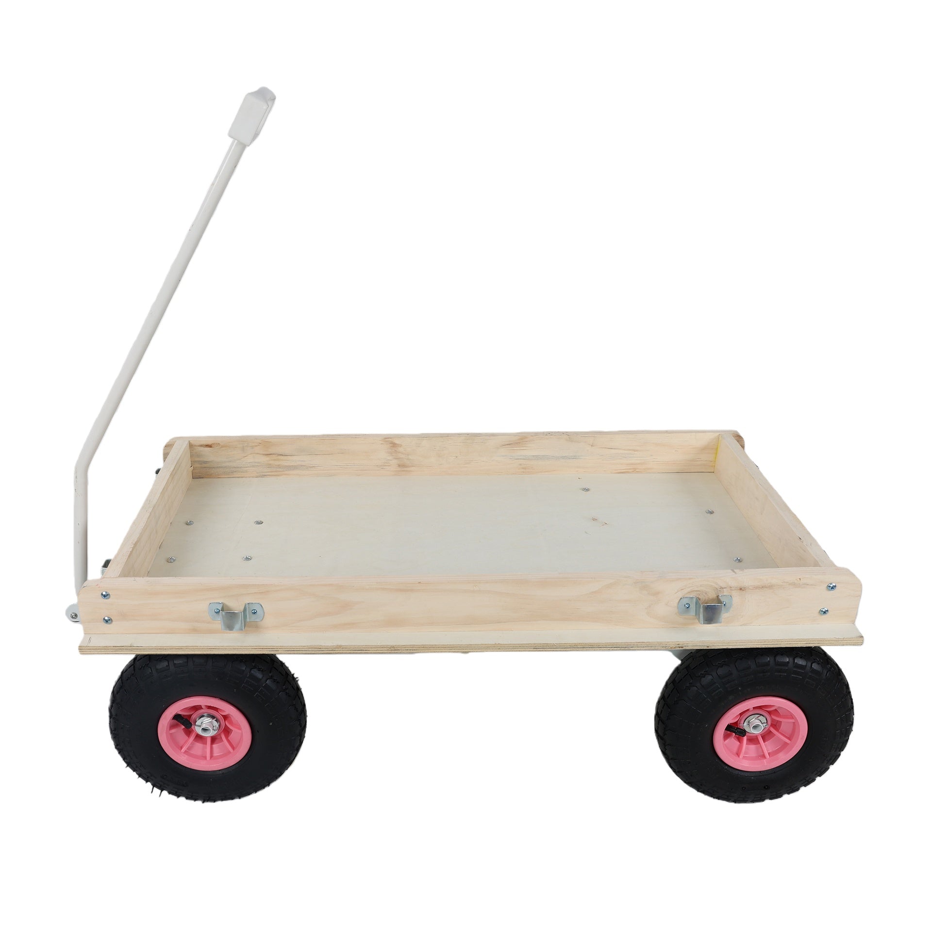 Pink Wooden Kids Pull Wagon with Removable Side Rails & All Terrain Wheels, Heavy Duty Outdoor Garden Cart for Toddlers, Portable Toy Wagon for Beach, Camping & Backyard Play