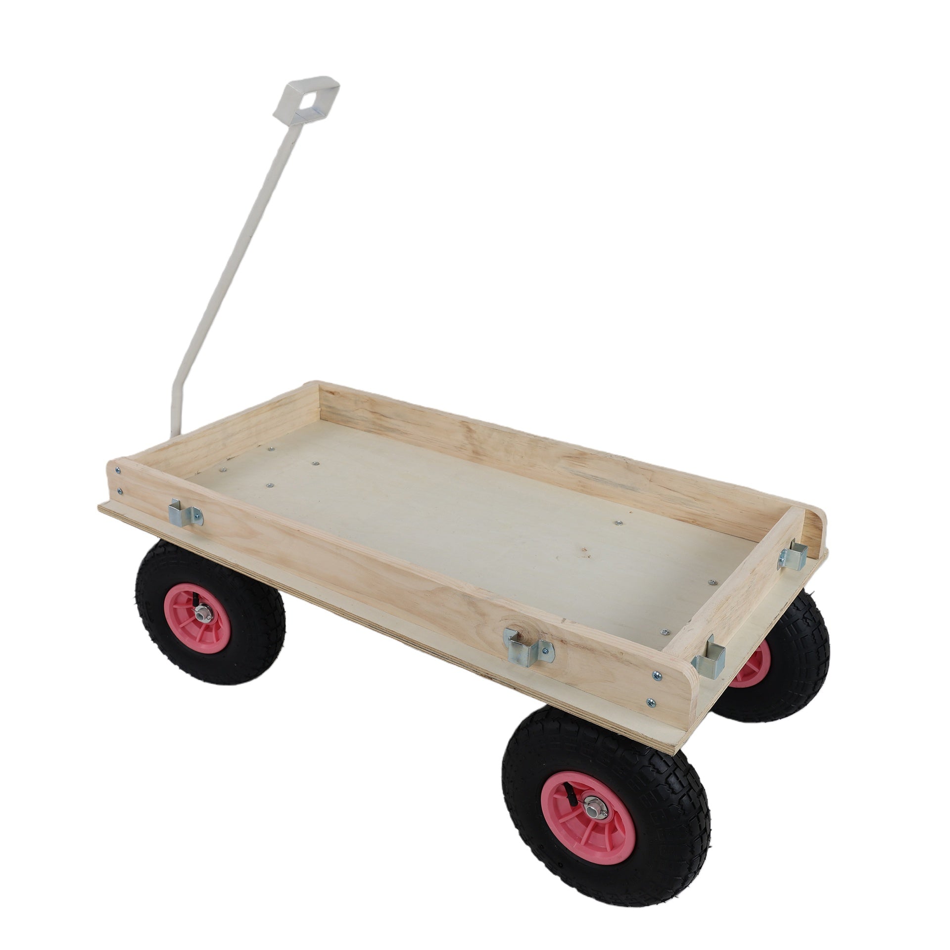 Pink Wooden Kids Pull Wagon with Removable Side Rails & All Terrain Wheels, Heavy Duty Outdoor Garden Cart for Toddlers, Portable Toy Wagon for Beach, Camping & Backyard Play