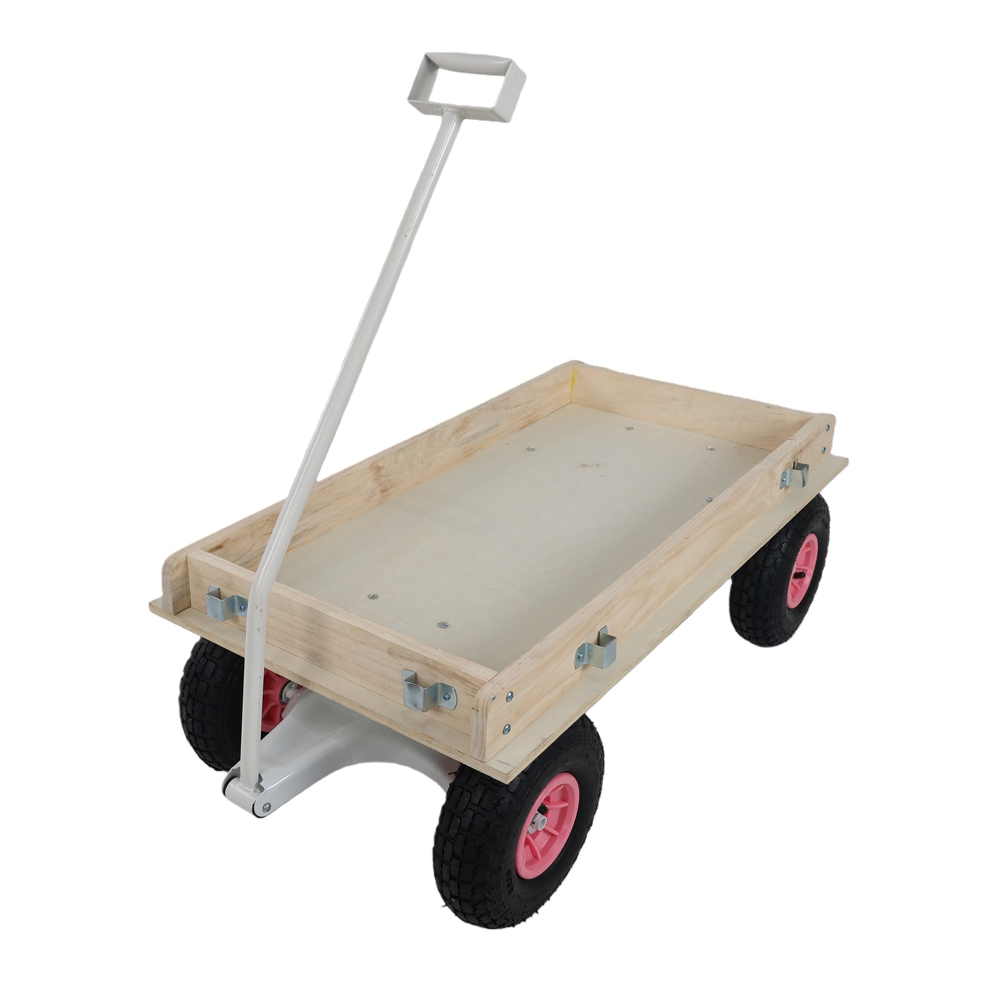 Pink Wooden Kids Pull Wagon with Removable Side Rails & All Terrain Wheels, Heavy Duty Outdoor Garden Cart for Toddlers, Portable Toy Wagon for Beach, Camping & Backyard Play